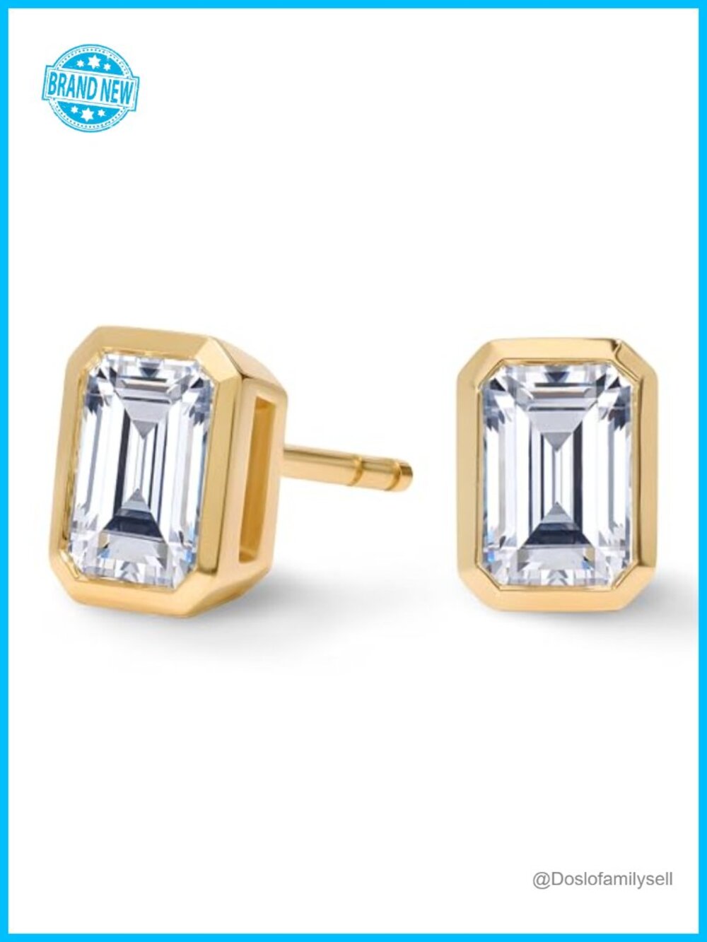 Moissanite Stud Earrings 18K White Gold Plated Sterling Silver Emerald Cut Bezel